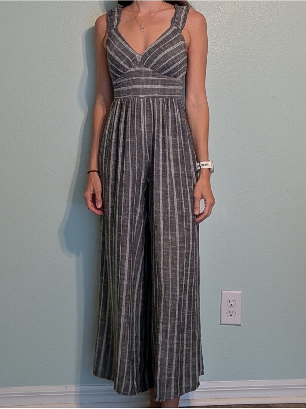 Blush Striped V-Neck Super Wide-Leg Palazzo Leg Jumpsuit Gray
